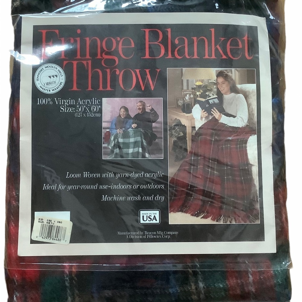 Vintage Tennessee woolen mills plaid virgin acrylic blanket fringe throw 50x60”